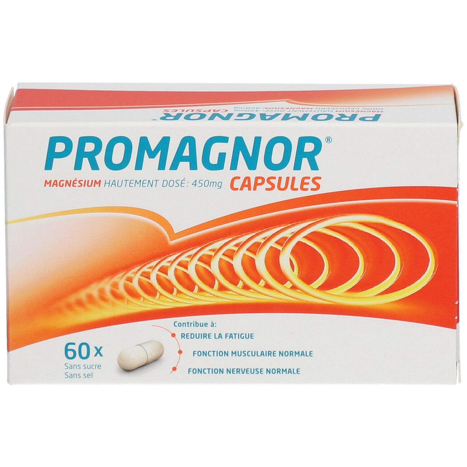 Doosje Promagnor® capsules. Bevat 60 capsules. Opschrift: Magnesium, 450mg. Geel-oranje design.