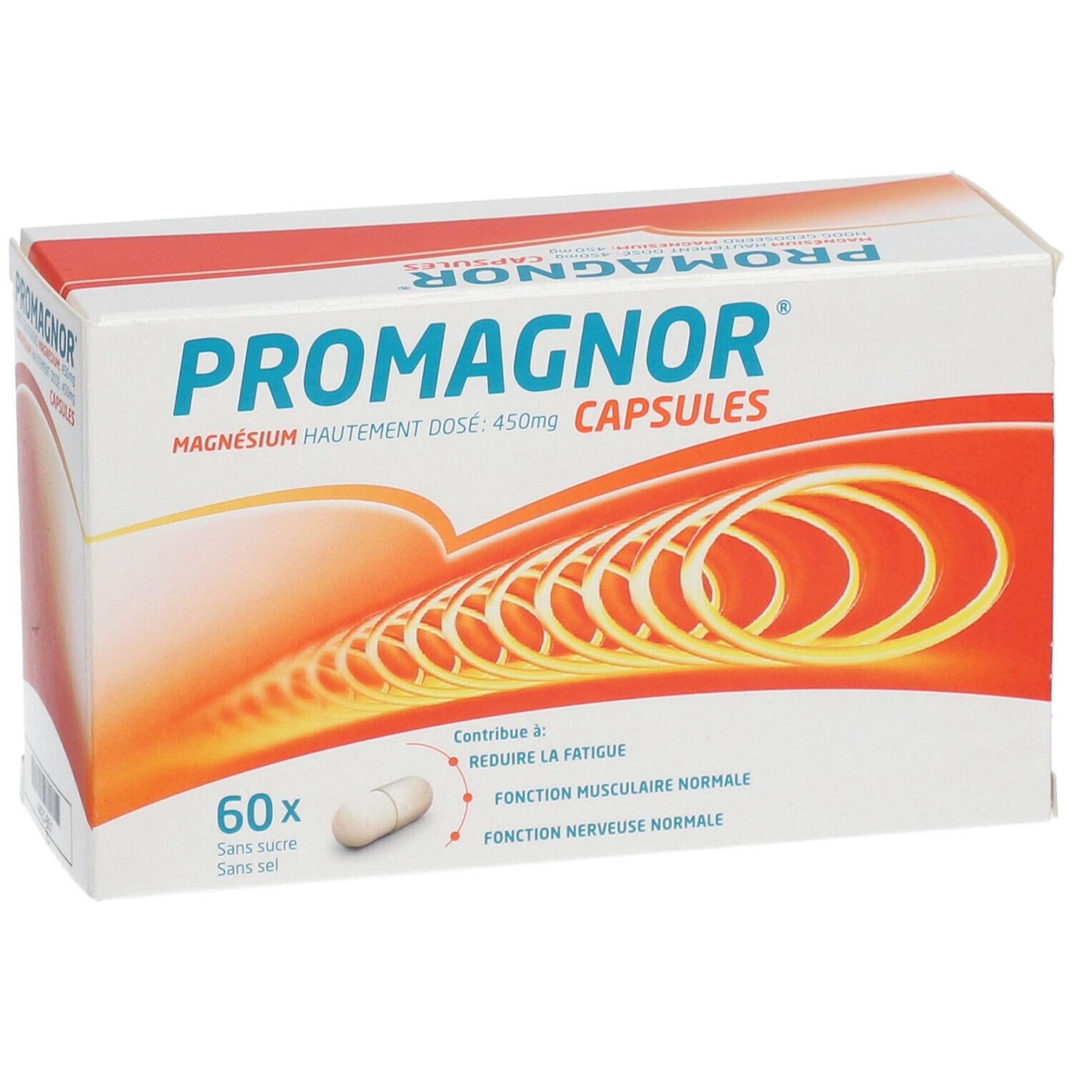 Doosje Promagnor® capsules. Bevat 60 capsules. Opschrift: Magnesium, 450mg. Geel-oranje design.