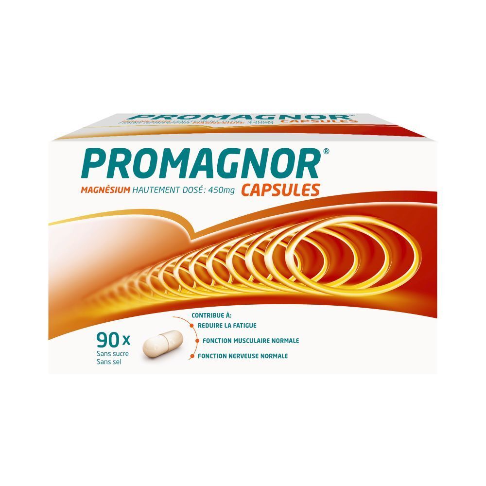 Doosje Promagnor capsules. Bevat 90 capsules. Opschrift: Magnesium, 450mg.