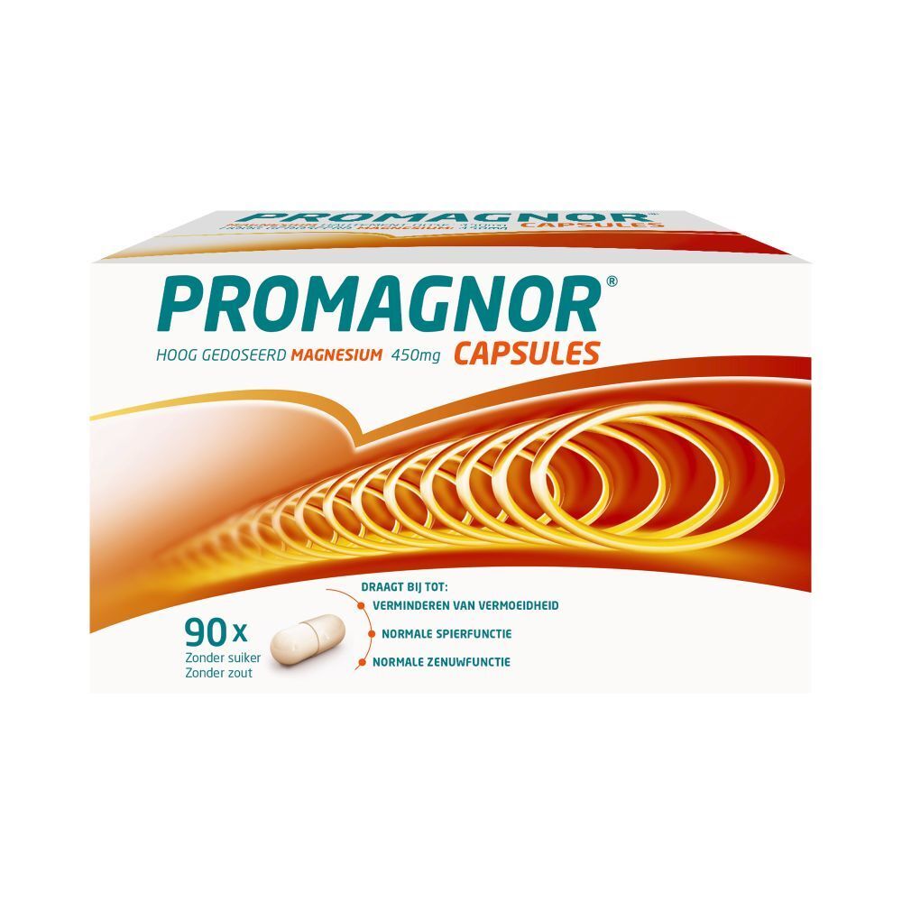 Doosje Promagnor capsules. Bevat 90 capsules. Opschrift: Magnesium, 450mg.