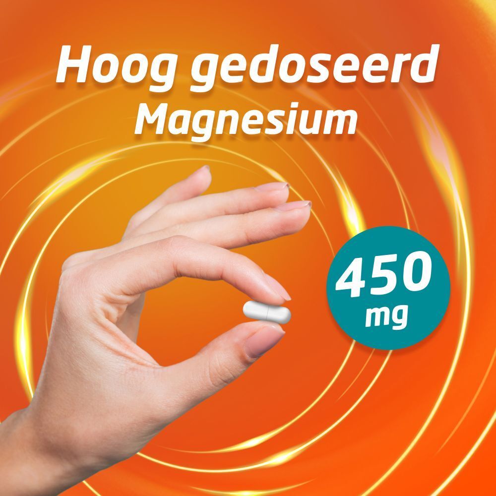 Hand die een capsule vasthoudt. Opschrift: Magnesium, 450mg.