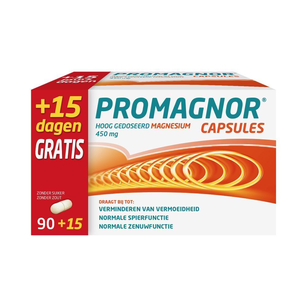 Productverpakking van Promagnor Capsules. Witte doos met rode accenten.