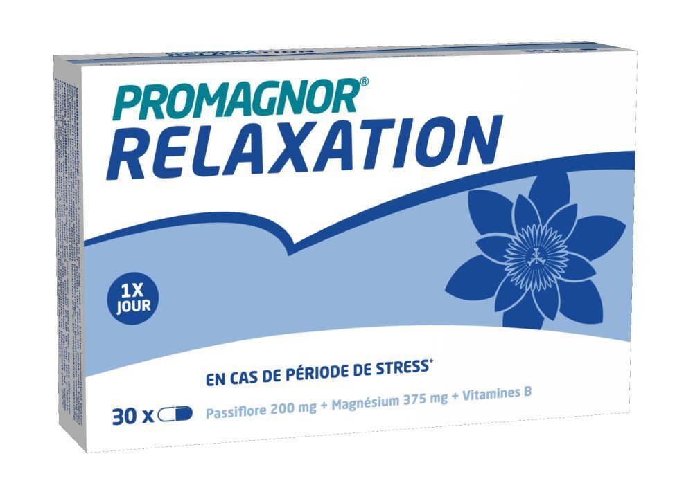 Boîte de Promagnor® Relaxation. Emballage bleu et blanc avec nom du produit et motif floral. 30 gélules.