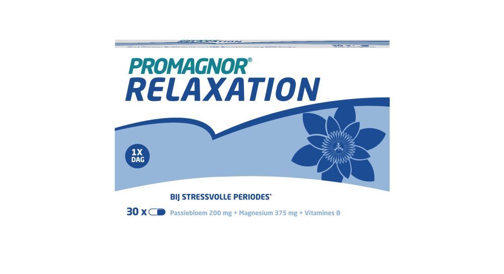 Boîte de Promagnor® Relaxation. Emballage bleu et blanc avec nom du produit et motif floral. 30 gélules.