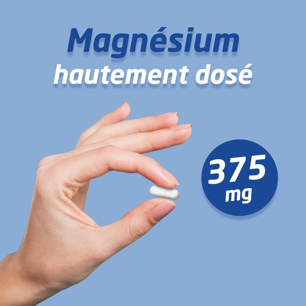 Main tenant une gélule blanche. À côté, "Magnésium fortement dosé" et "375 mg" dans un cercle bleu.