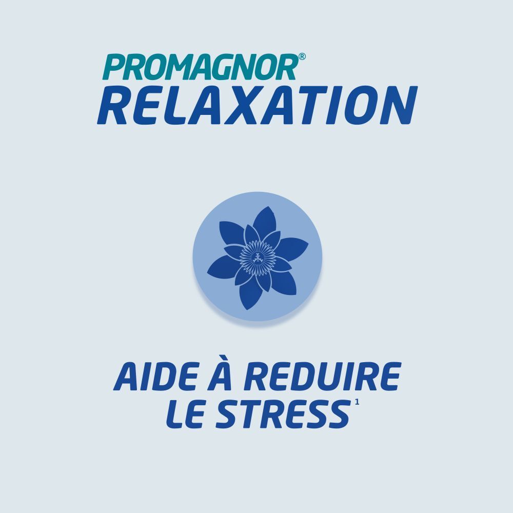 Logo Promagnor® Relaxation avec motif floral. Texte: Aide à réduire le stress.
