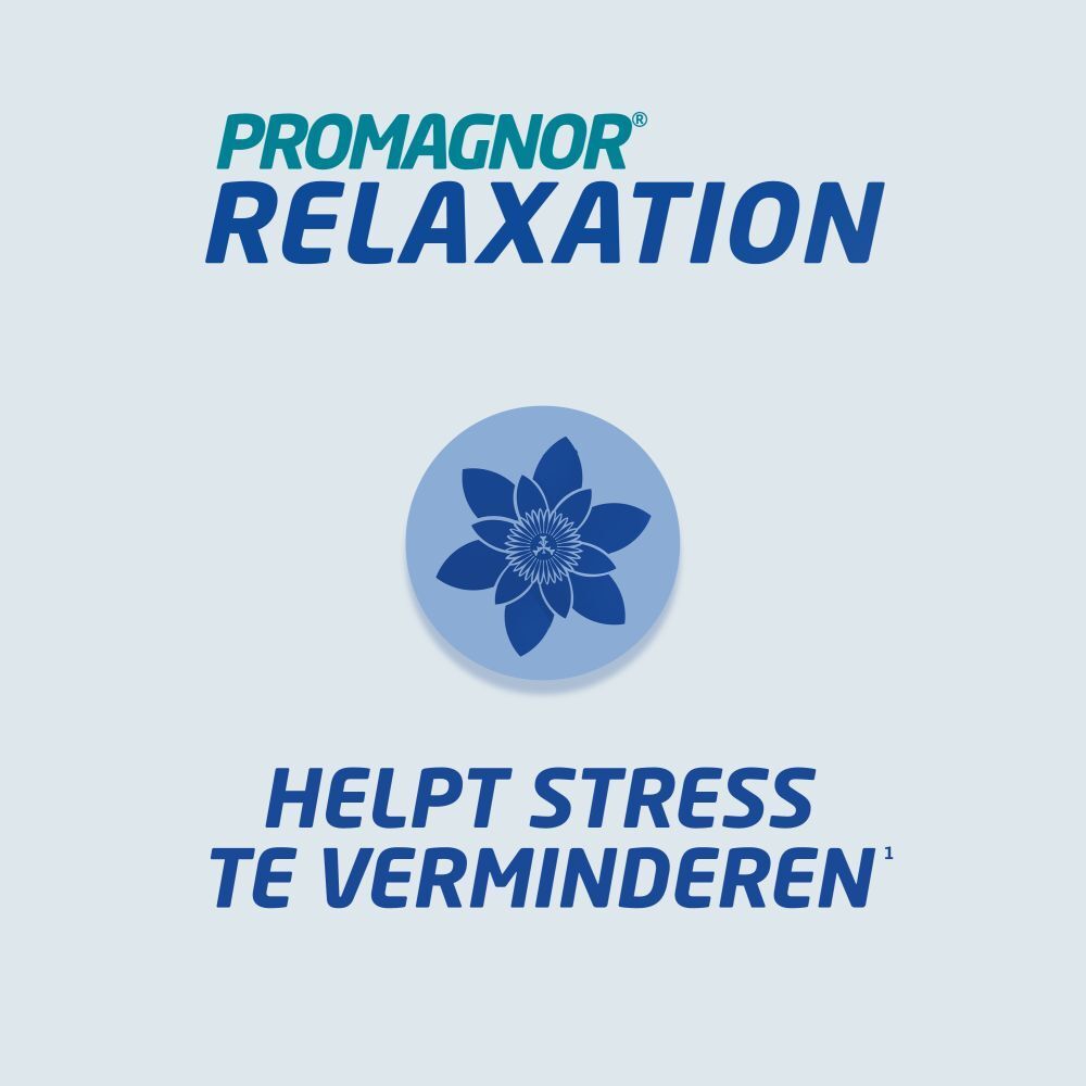 Logo Promagnor® Relaxation avec motif floral. Texte: Aide à réduire le stress.