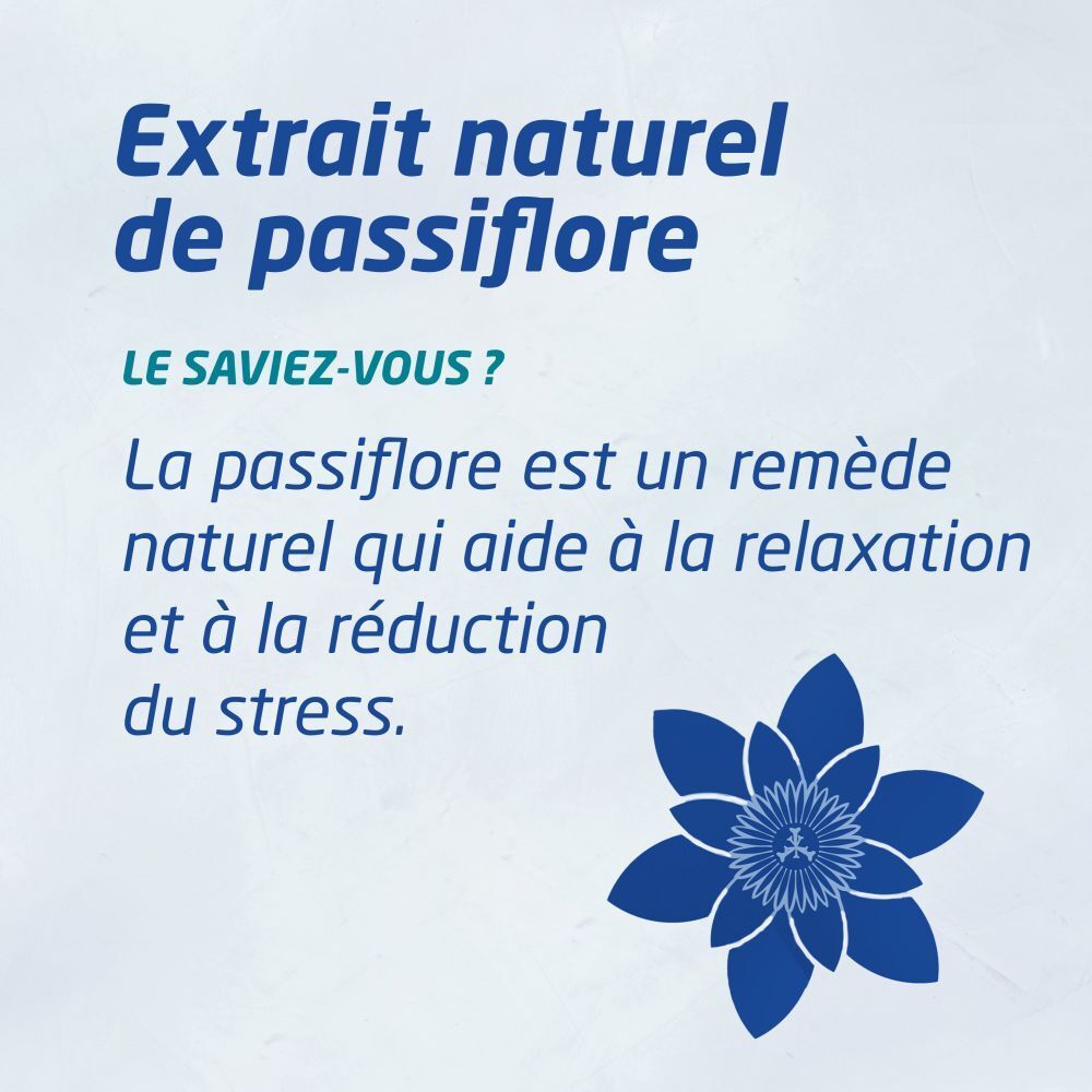 Texte sur la passiflore comme remède naturel pour la relaxation et la réduction du stress. Design floral.