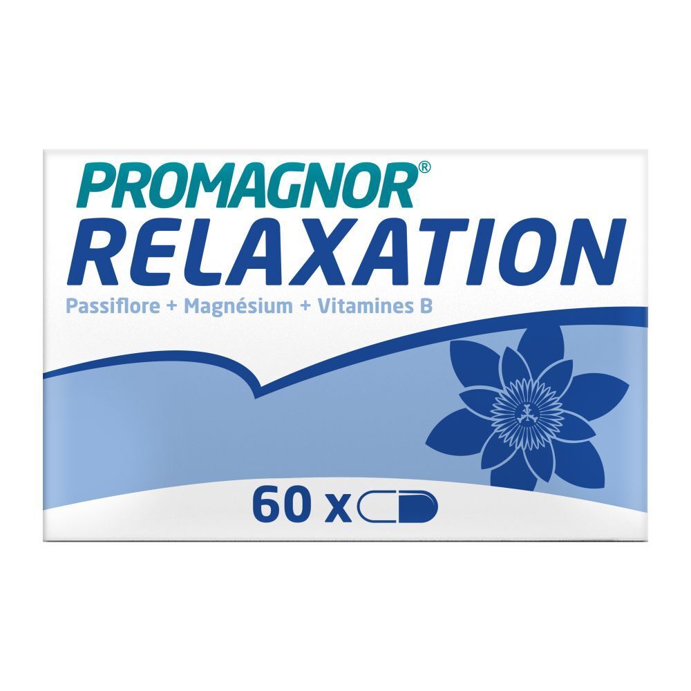 Boîte PROGMAGNOR® Relaxation. Contient 60 gélules. Boîte blanche et bleue avec motif floral.