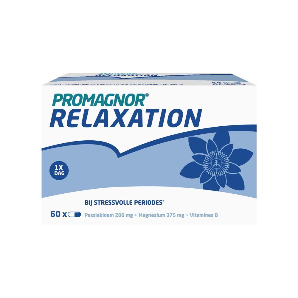 Boîte PROGMAGNOR® Relaxation. Contient 60 gélules. Boîte blanche et bleue avec motif floral.