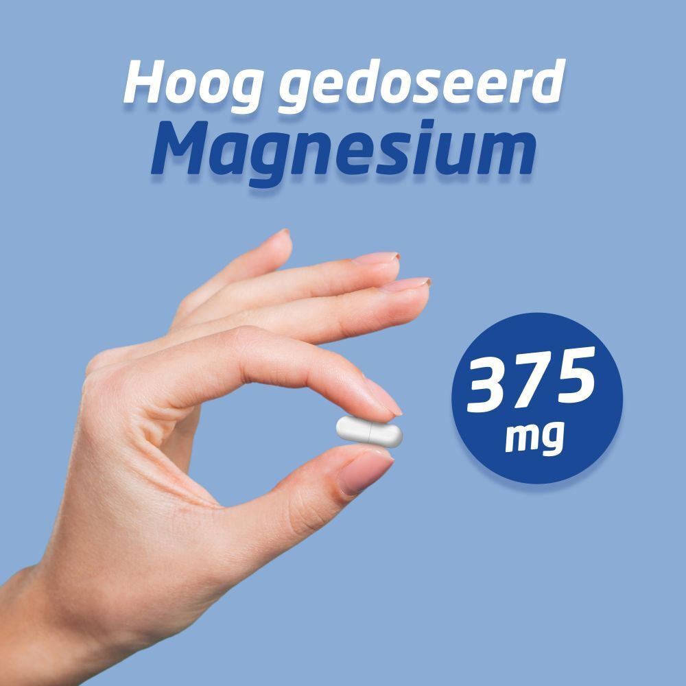 Main tenant une gélule. Texte : Magnésium fortement dosé, 375 mg. Fond bleu.