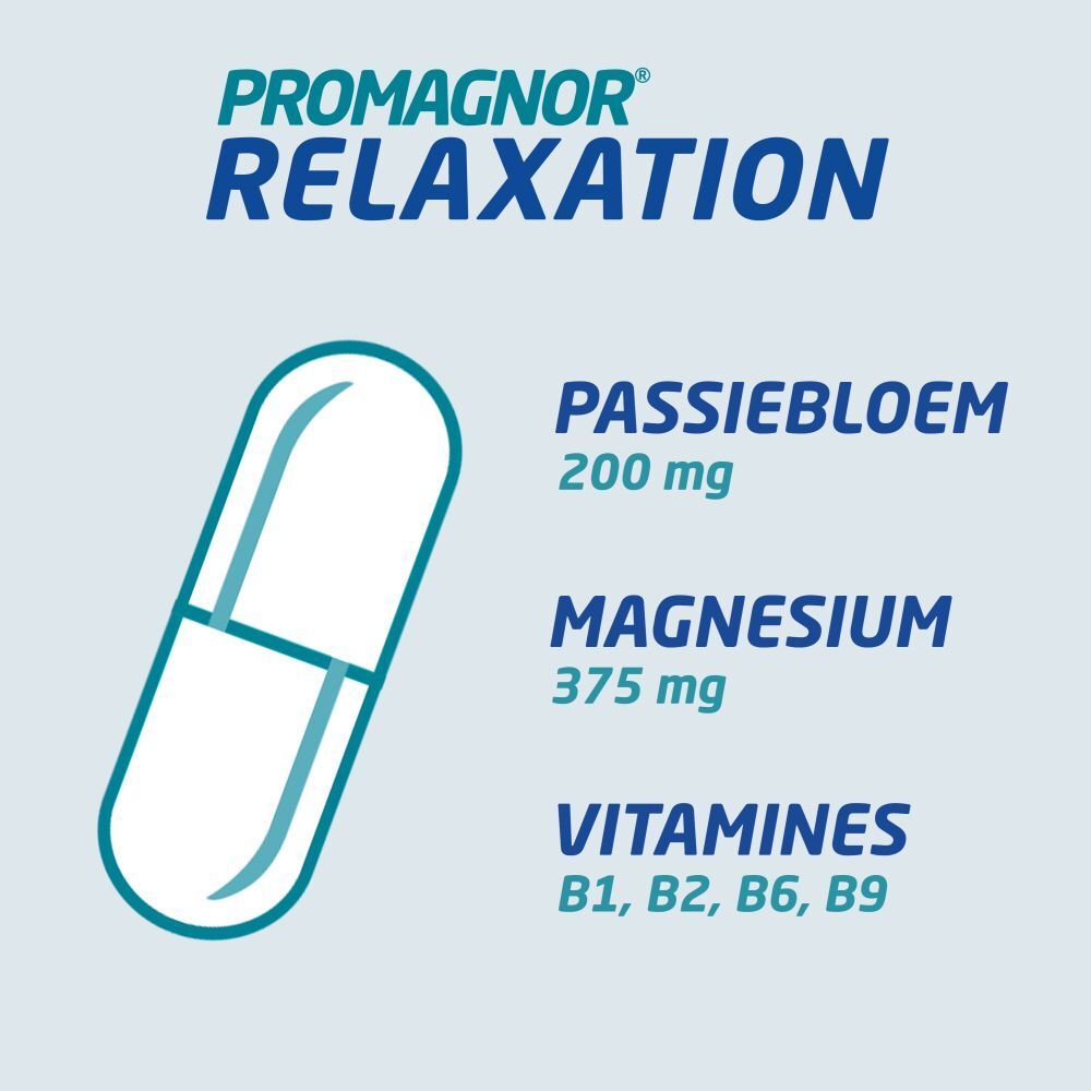 Gélule PROGMAGNOR® Relaxation. Contient Passiflore, Magnésium et Vitamines. Fond bleu et blanc.