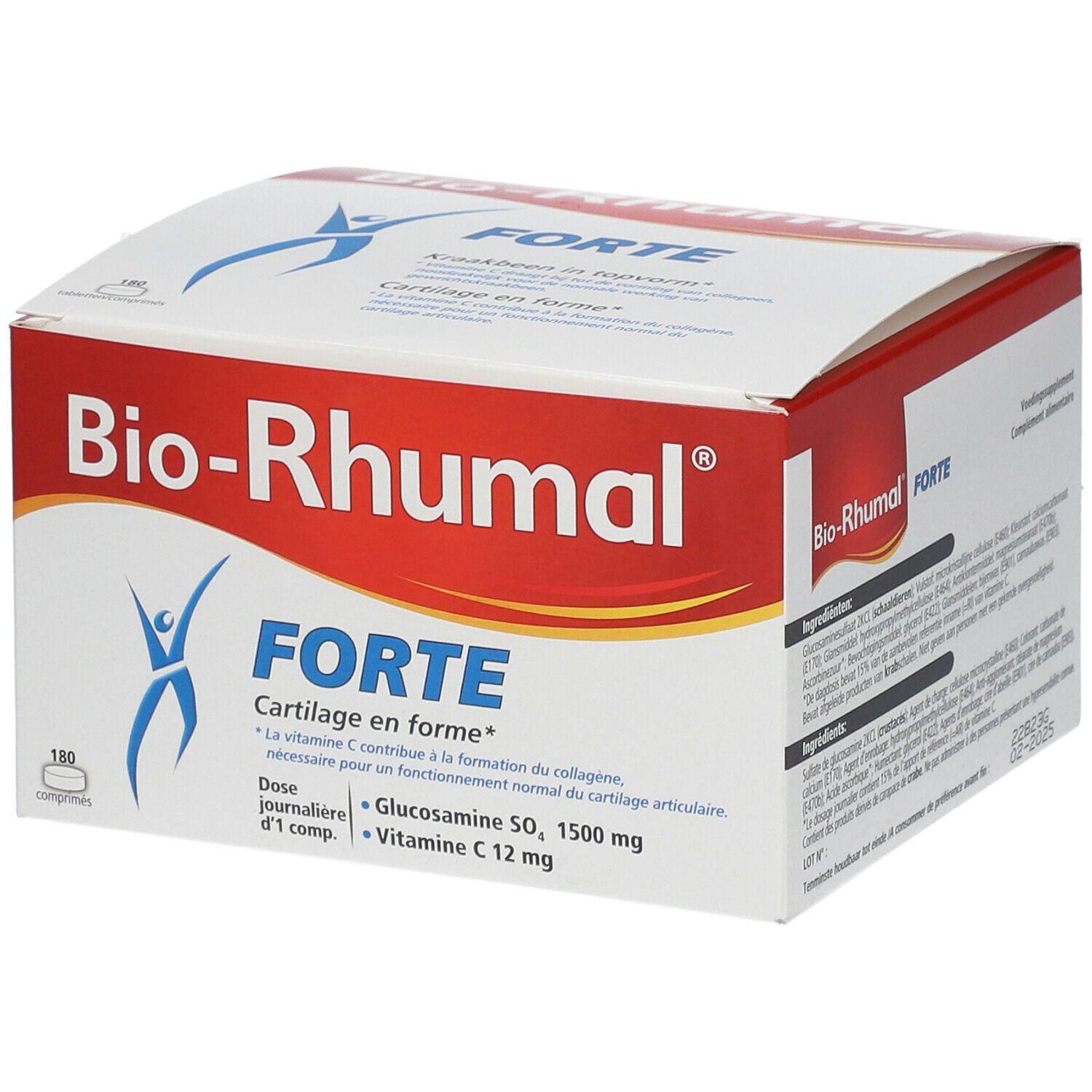 Boîte de Bio-Rhumal Forte. Emballage rouge et blanc avec nom et logo du produit. Contient 180 comprimés.