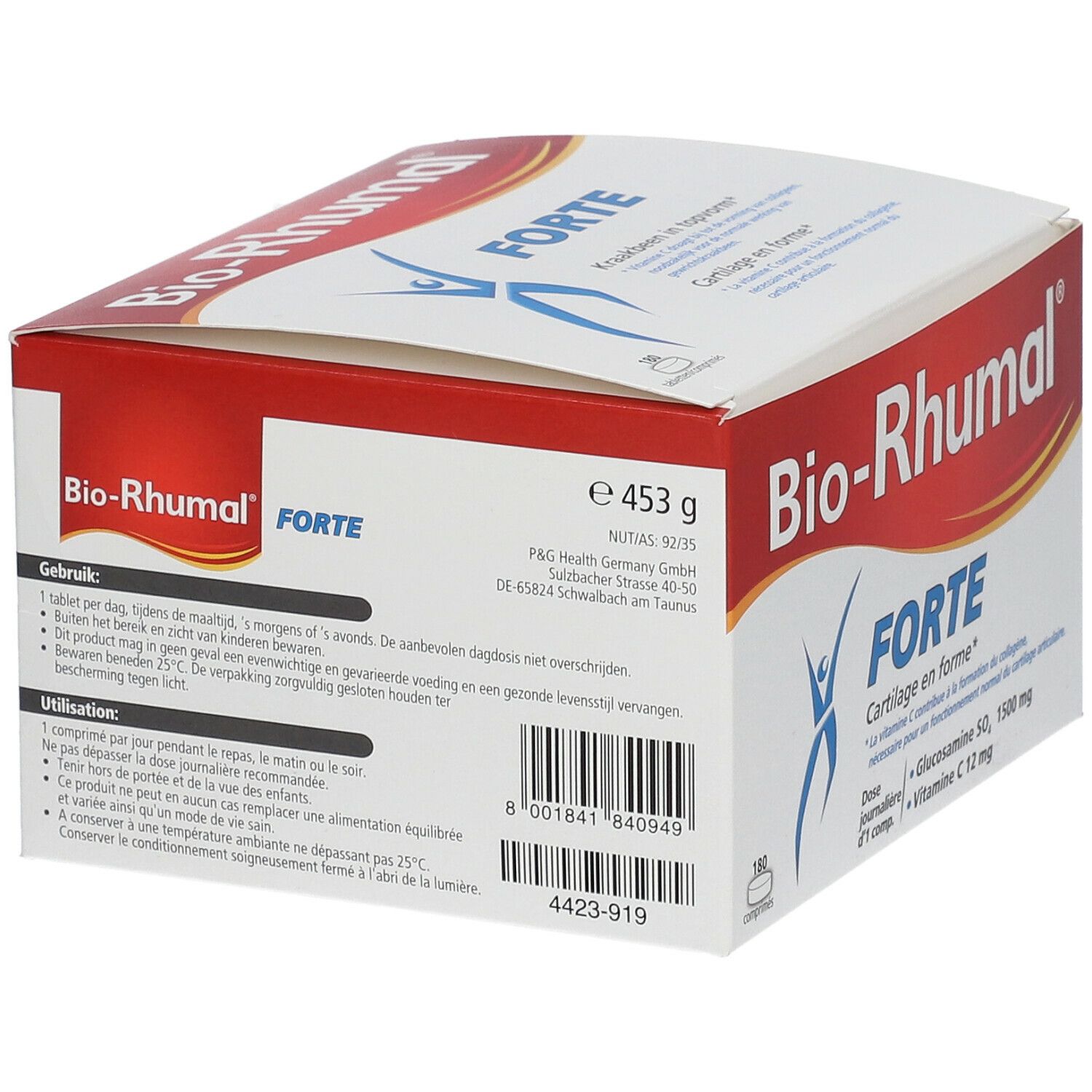 Emballage Bio-Rhumal Forte. Boîte rouge et blanche avec nom et logo. Contient 180 comprimés. Informations au dos.