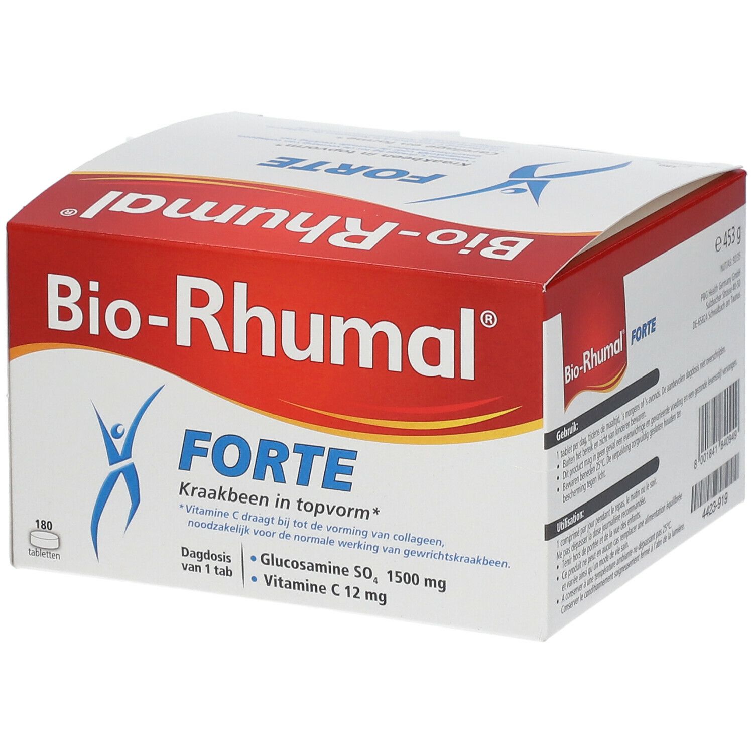 Emballage Bio-Rhumal Forte. Boîte rouge et blanche avec nom et logo. Contient 180 comprimés. Vue de dessus.