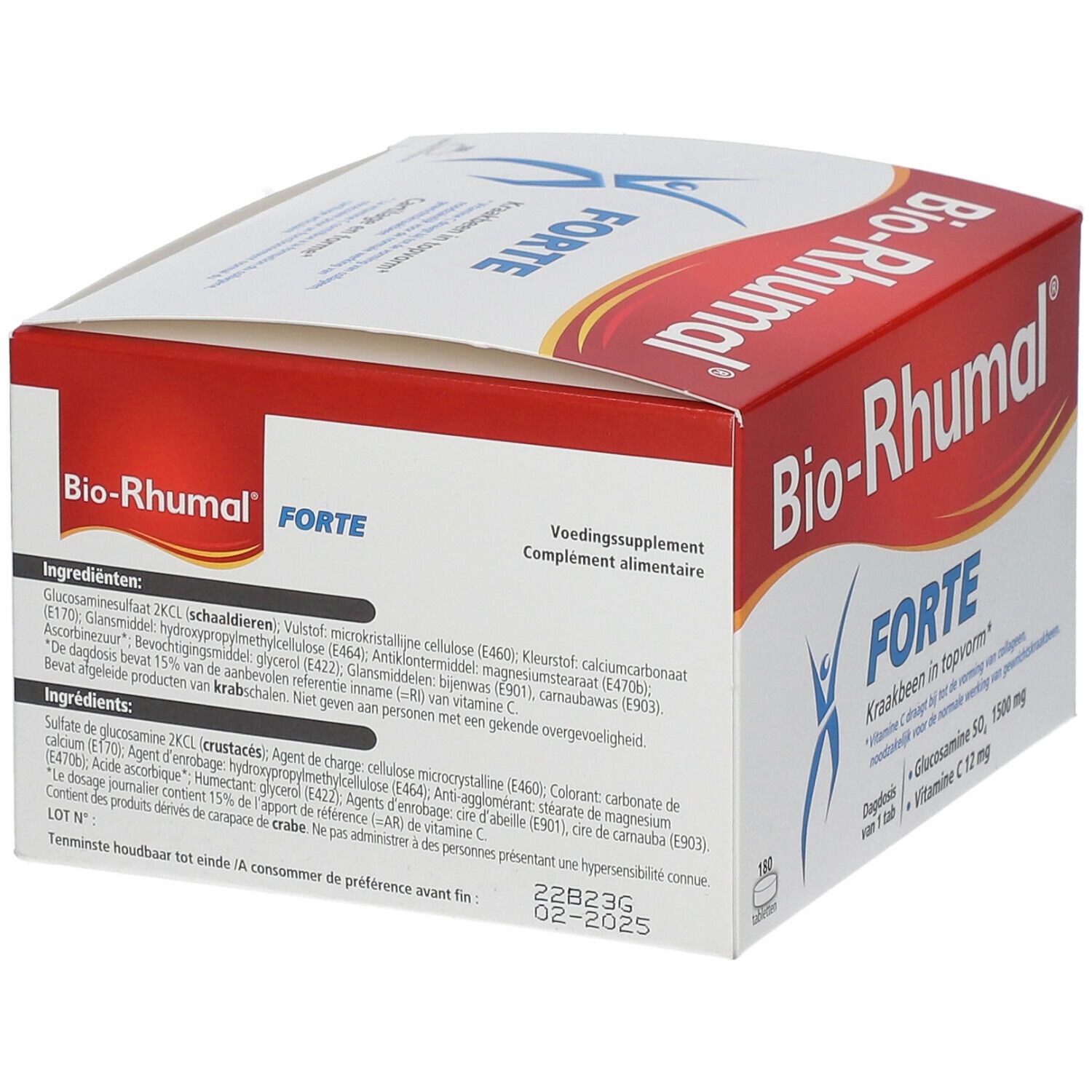 Emballage Bio-Rhumal Forte. Boîte rouge et blanche avec nom et logo. Contient 180 comprimés. Ingrédients au dos.