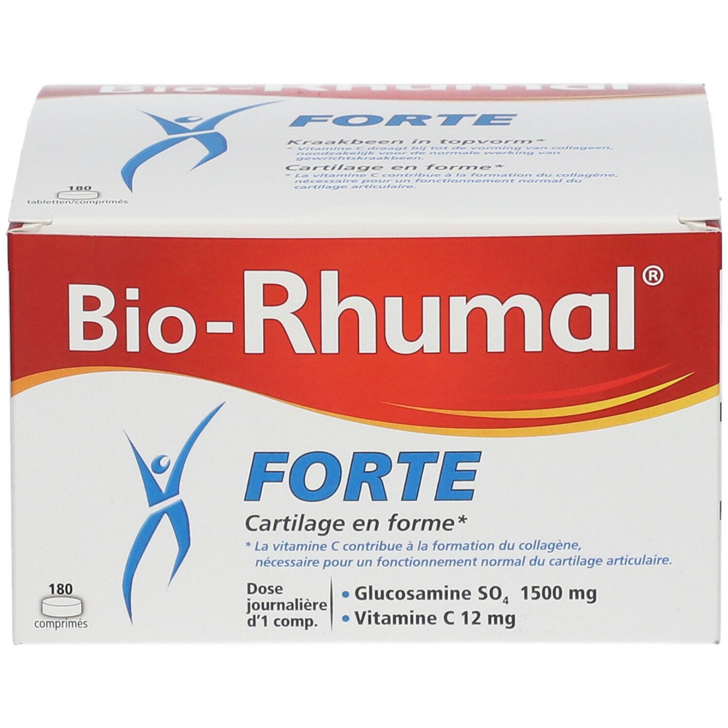 Emballage Bio-Rhumal Forte. Boîte rouge et blanche avec nom et logo. Contient 180 comprimés. Vue de face.