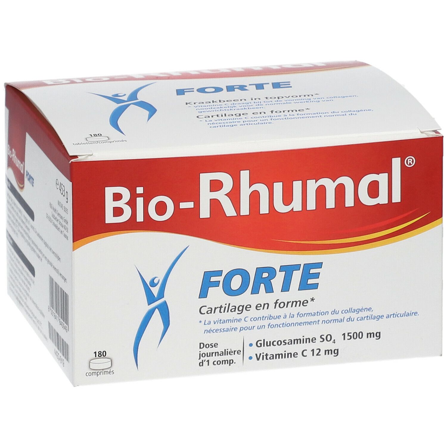 Emballage Bio-Rhumal Forte. Boîte rouge et blanche avec nom et logo. Contient 180 comprimés. Vue de dessus.