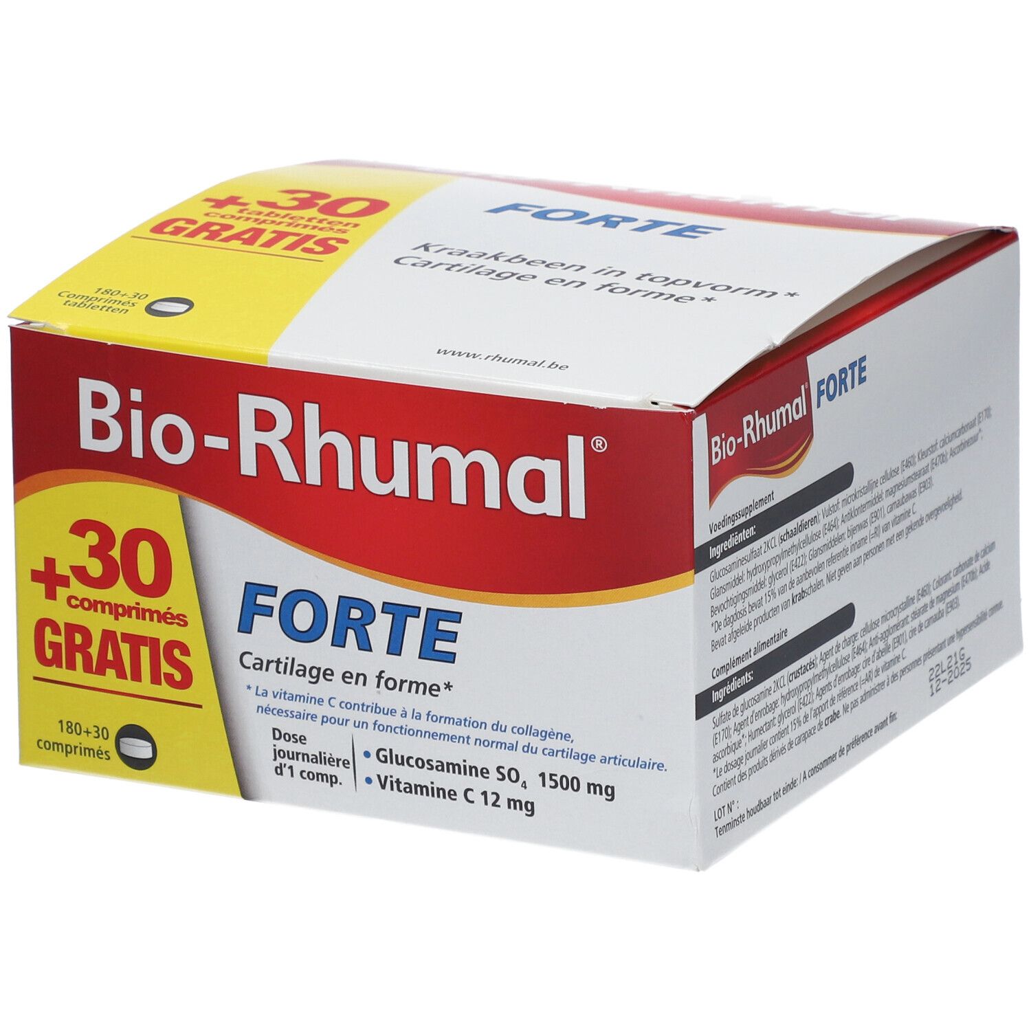 Bio-Rhumal Forte verpakking met +30 tabletten gratis. Bevat glucosamine, vitamine C. Witte, rode en gele verpakking.