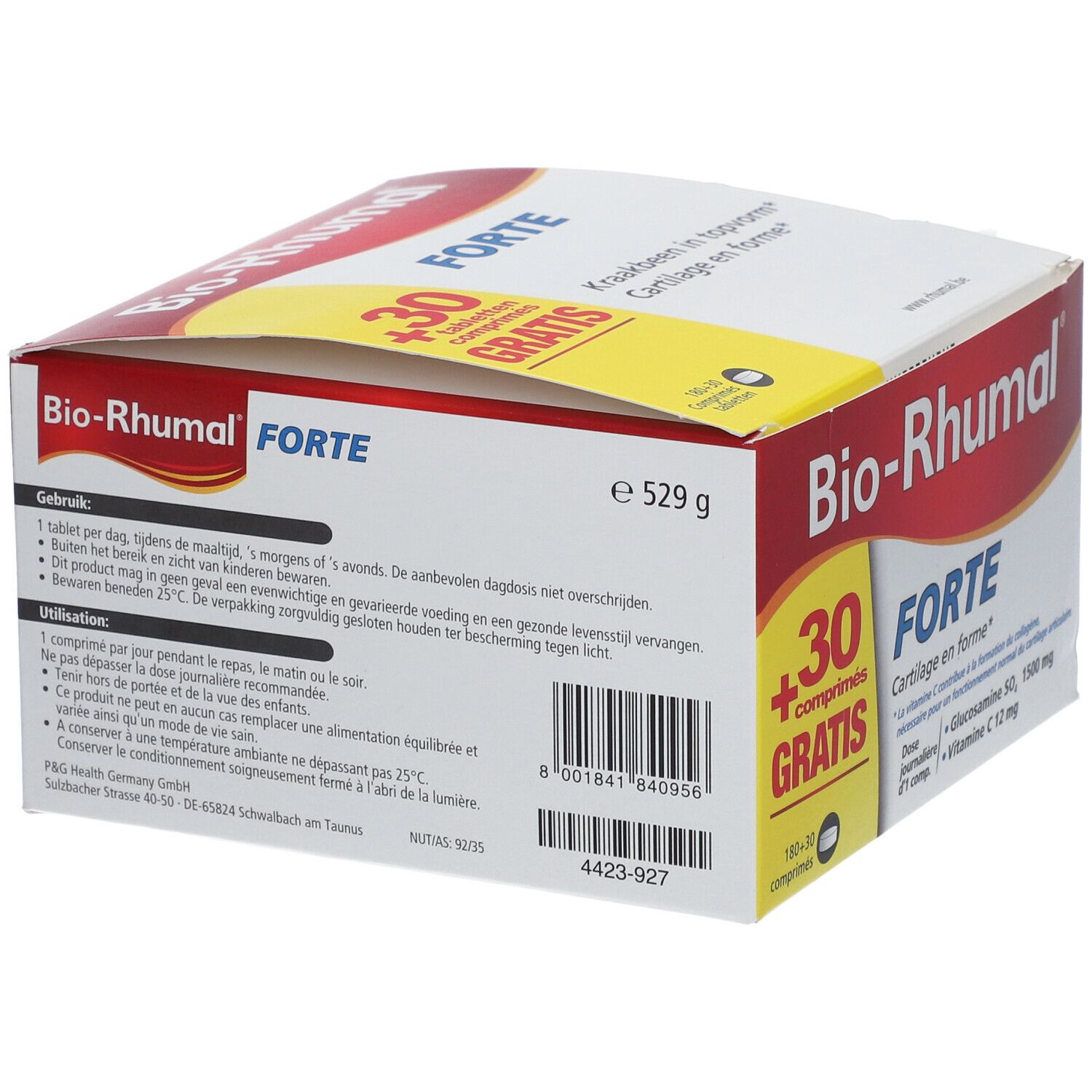 Bio-Rhumal Forte verpakking met +30 tabletten gratis. Bevat glucosamine, vitamine C. Witte, rode en gele verpakking.