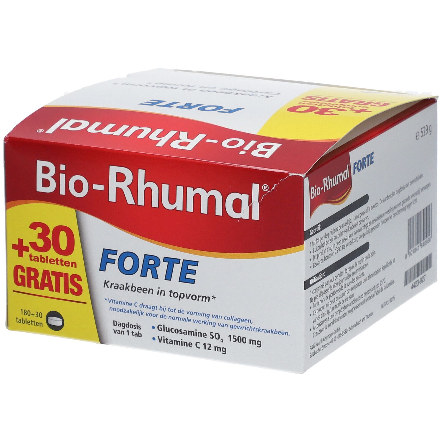 Bio-Rhumal Forte verpakking met +30 tabletten gratis. Bevat glucosamine, vitamine C. Witte, rode en gele verpakking.