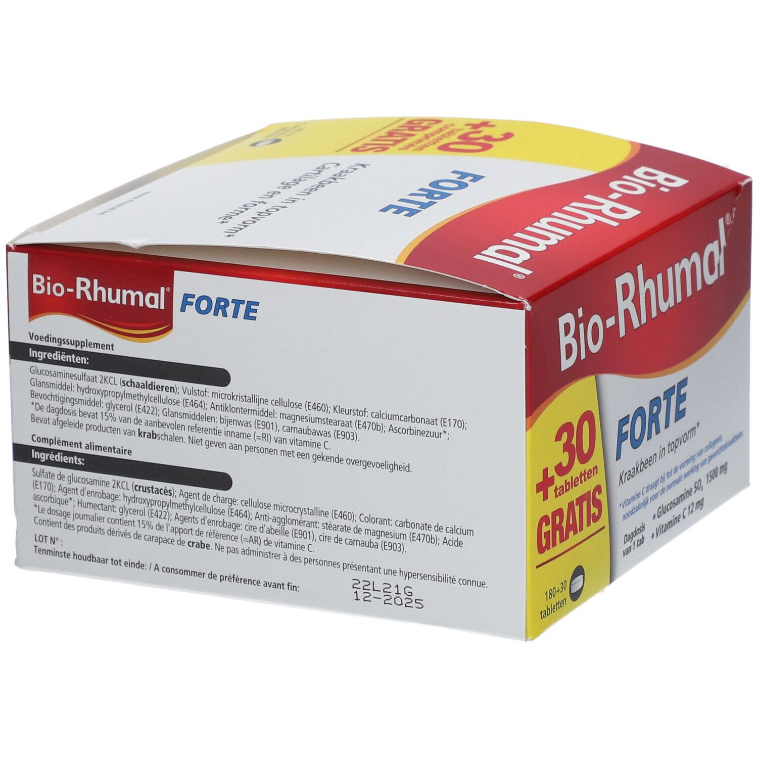 Bio-Rhumal Forte verpakking met +30 tabletten gratis. Bevat glucosamine, vitamine C. Witte, rode en gele verpakking.