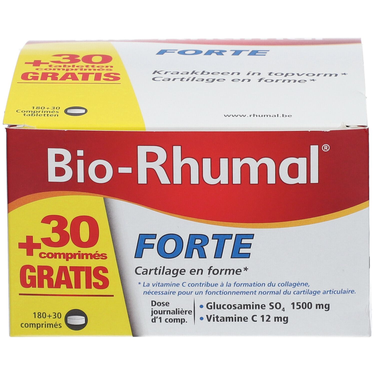 Bio-Rhumal Forte verpakking met +30 tabletten gratis. Bevat glucosamine, vitamine C. Witte, rode en gele verpakking.