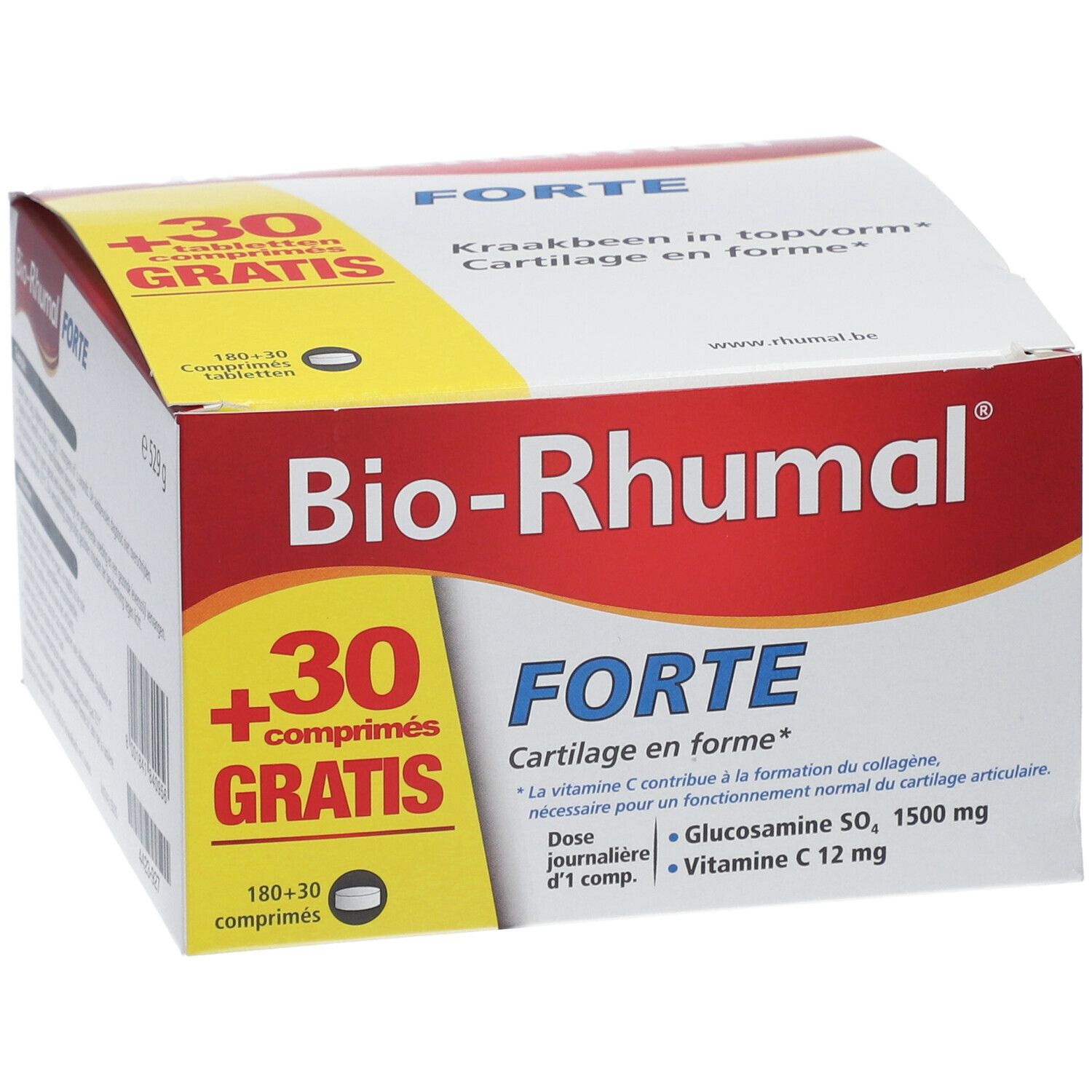 Bio-Rhumal Forte verpakking met +30 tabletten gratis. Bevat glucosamine, vitamine C. Witte, rode en gele verpakking.