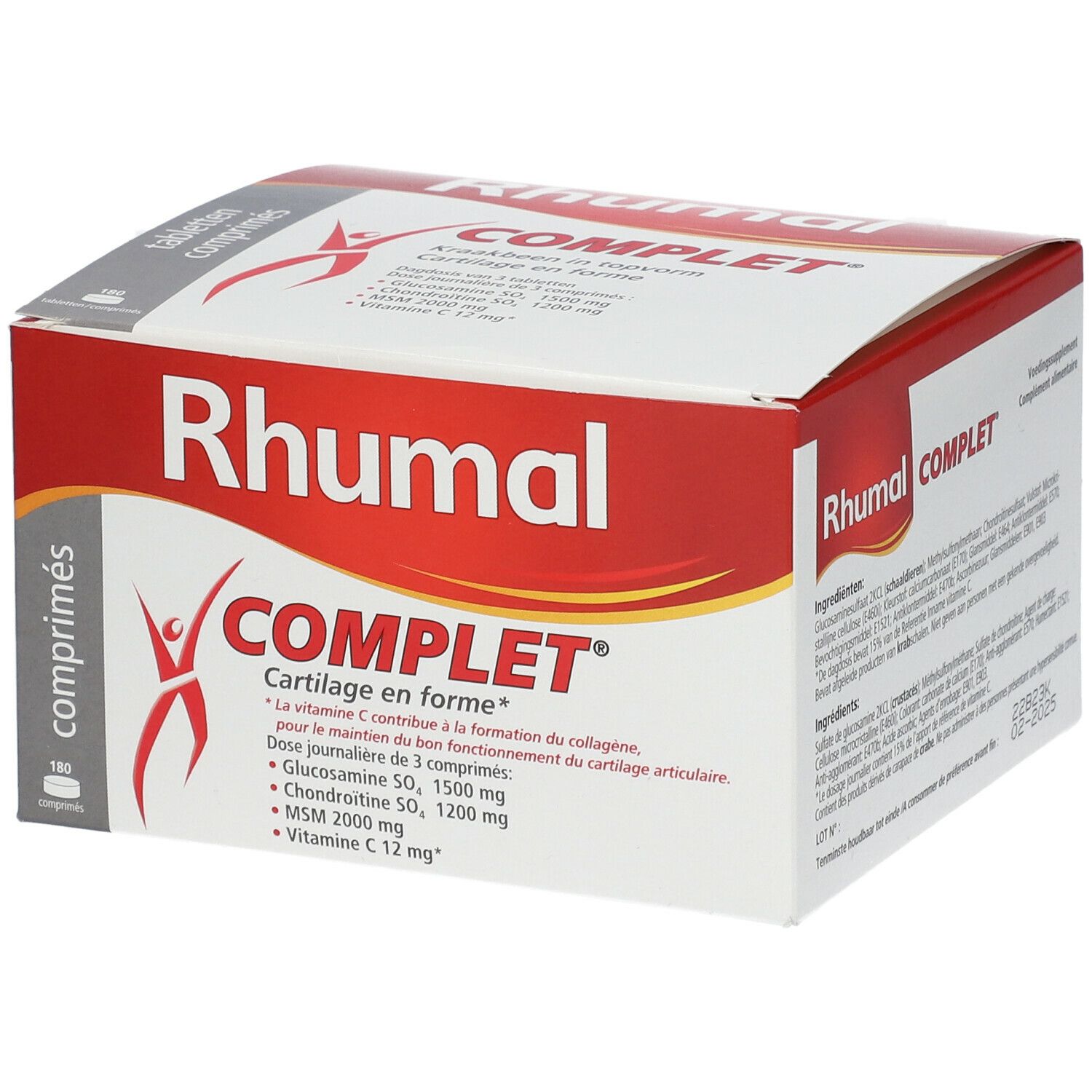 Boîte blanche et rouge avec logo "RHUMAL COMPLET". Contient des comprimés. Inscription : Cartilage en forme, 180 comprimés.