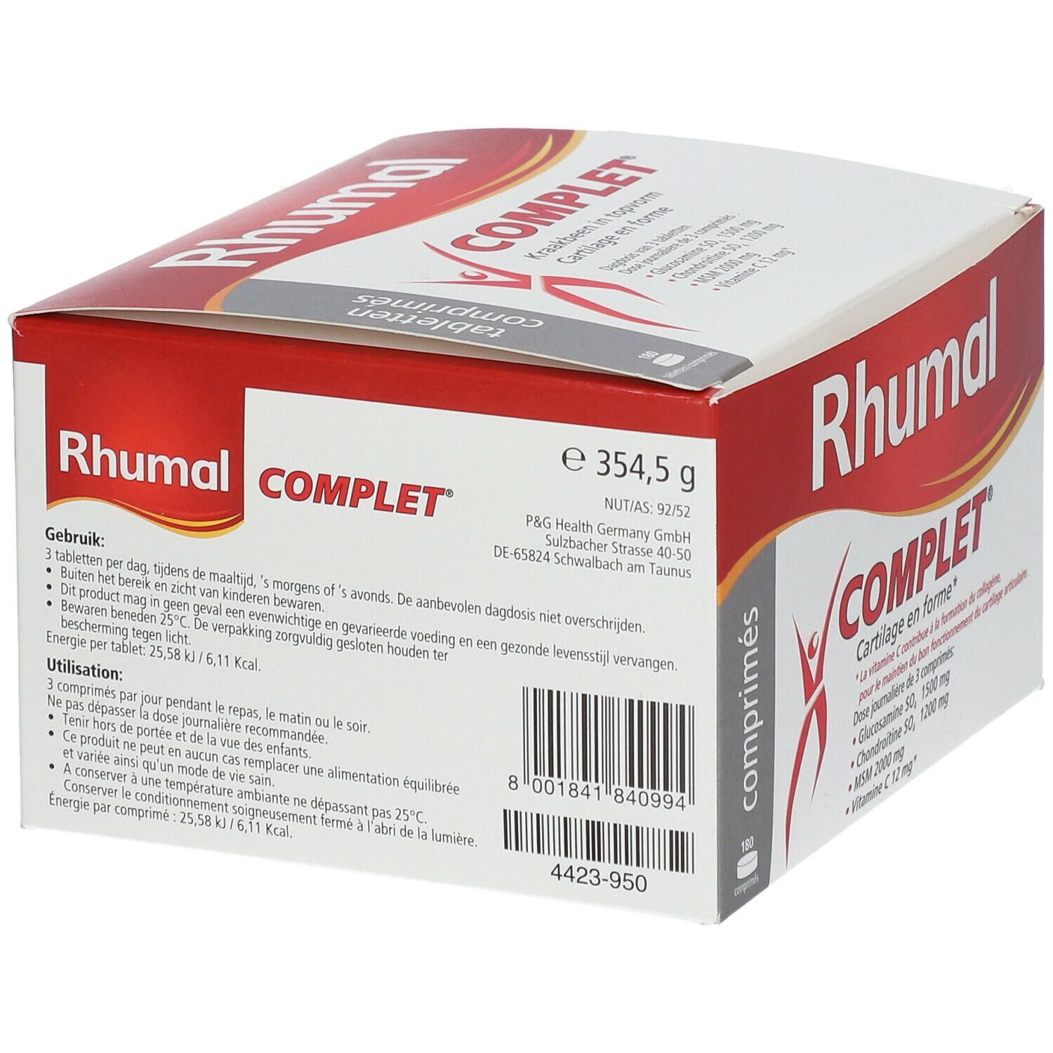 Boîte rouge et blanche avec logo "RHUMAL COMPLET". Contient des comprimés. Inscription : Cartilage en forme, 354,5 g.
