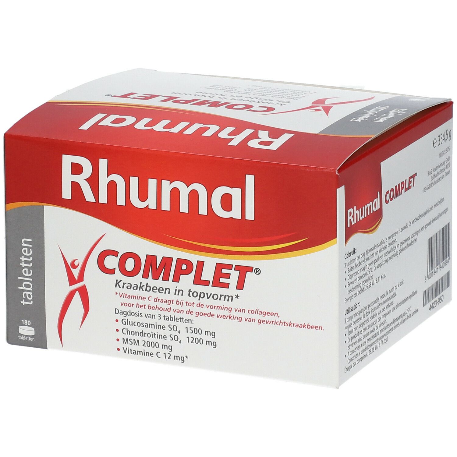 Boîte rouge et blanche avec logo "RHUMAL COMPLET". Contient des comprimés. Inscription : Kraakbeen in topvorm, 180 tabletten.