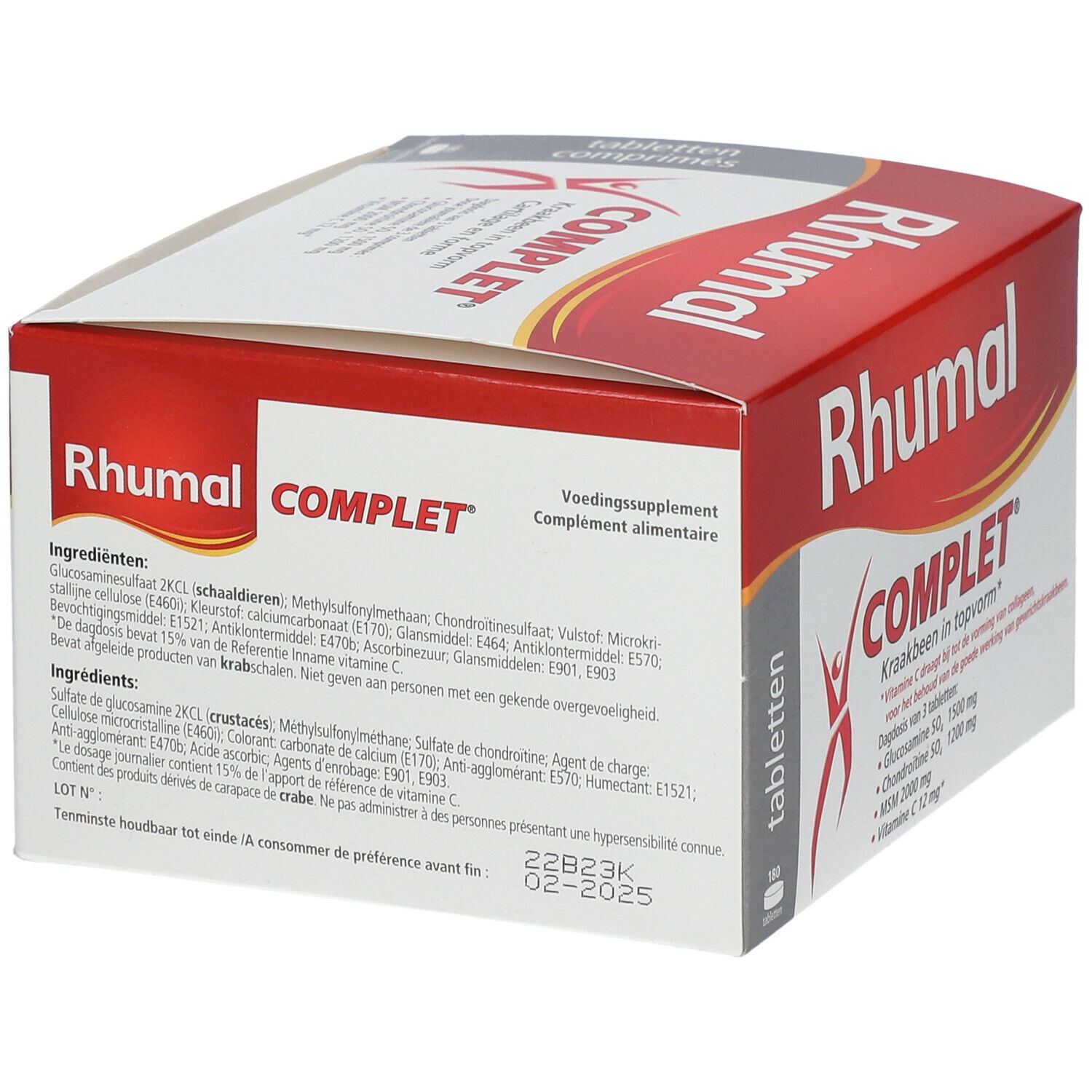 Boîte rouge et blanche avec logo "RHUMAL COMPLET". Contient des comprimés. Inscription : Voedingssupplement, 180 tabletten.