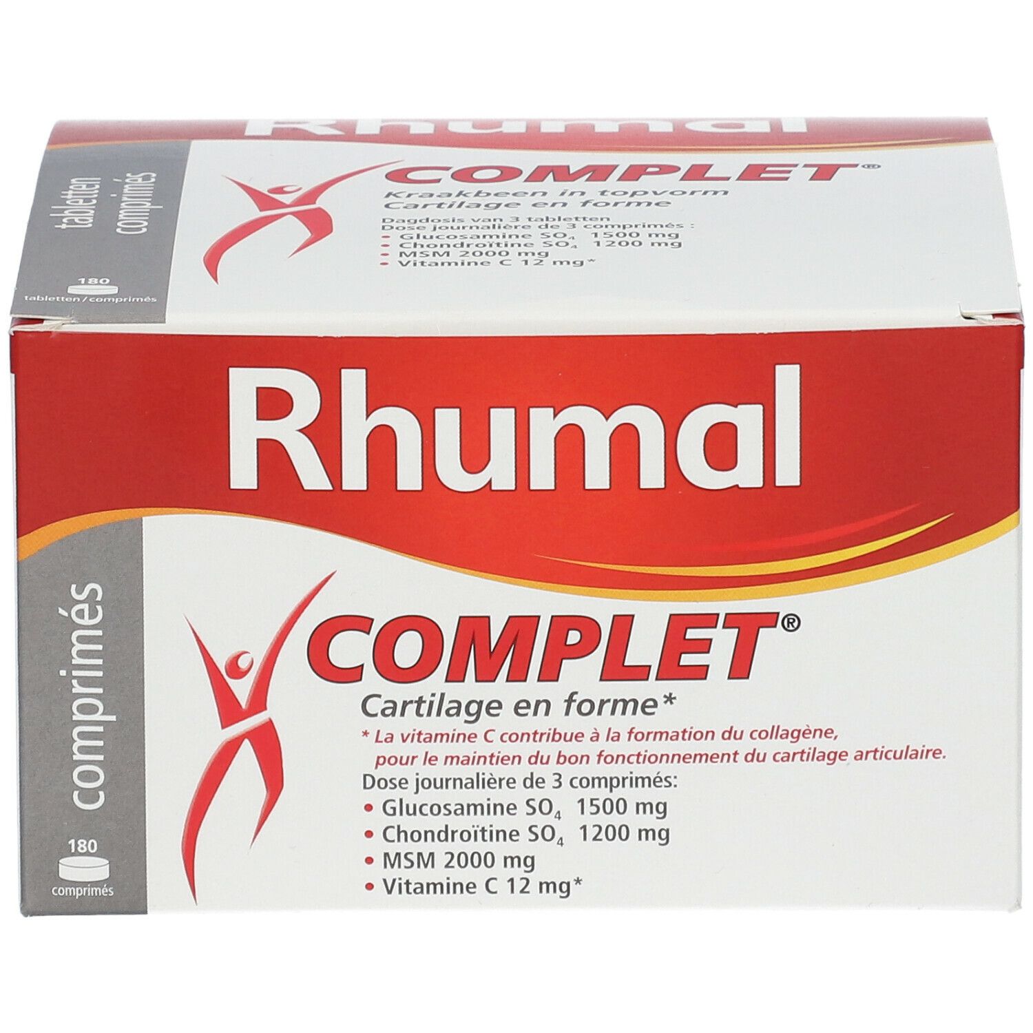Boîte blanche et rouge avec logo "RHUMAL COMPLET". Contient des comprimés. Inscription : Cartilage en forme, 180 comprimés.