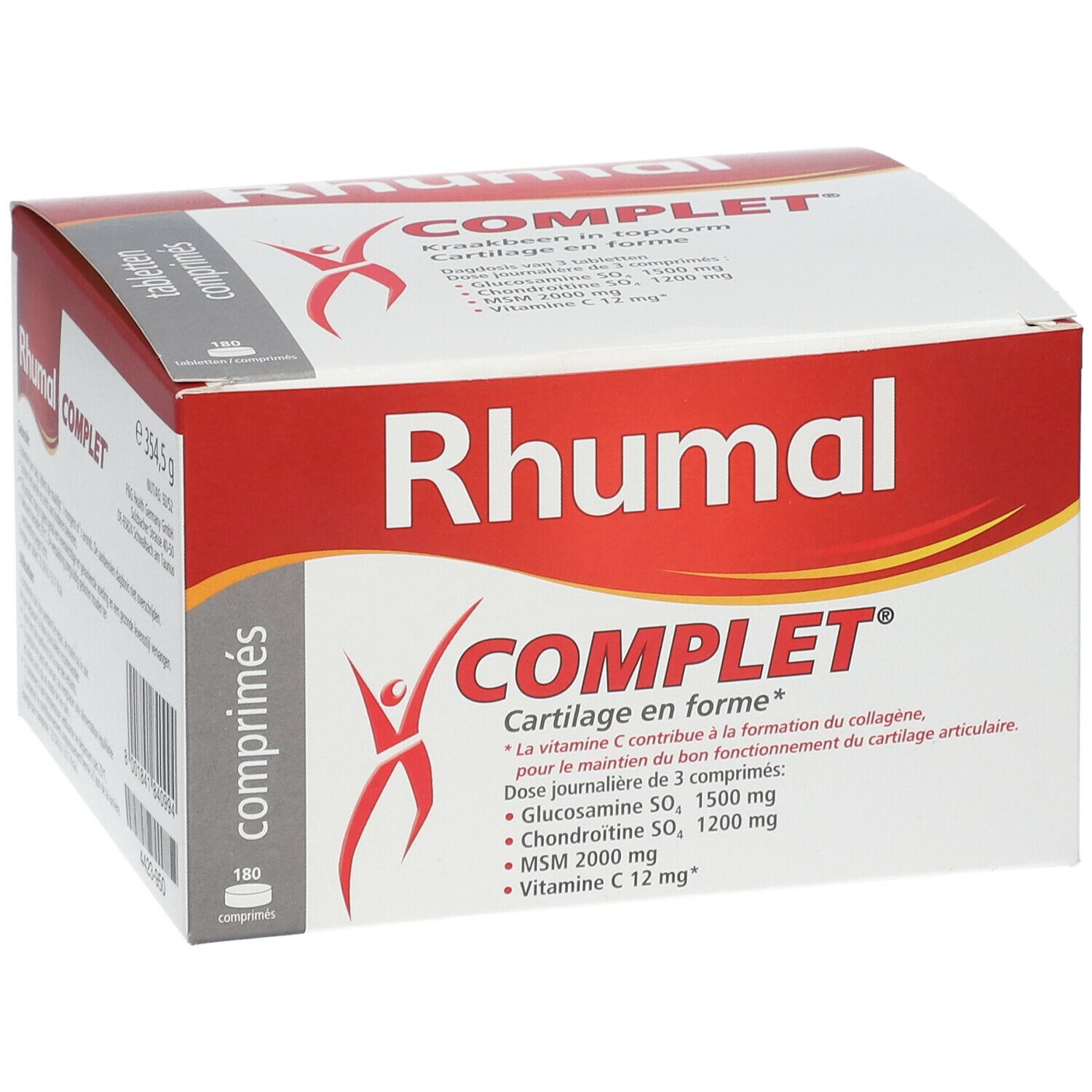 Boîte rouge et blanche avec logo "RHUMAL COMPLET". Contient des comprimés. Inscription : Cartilage en forme, 180 comprimés.