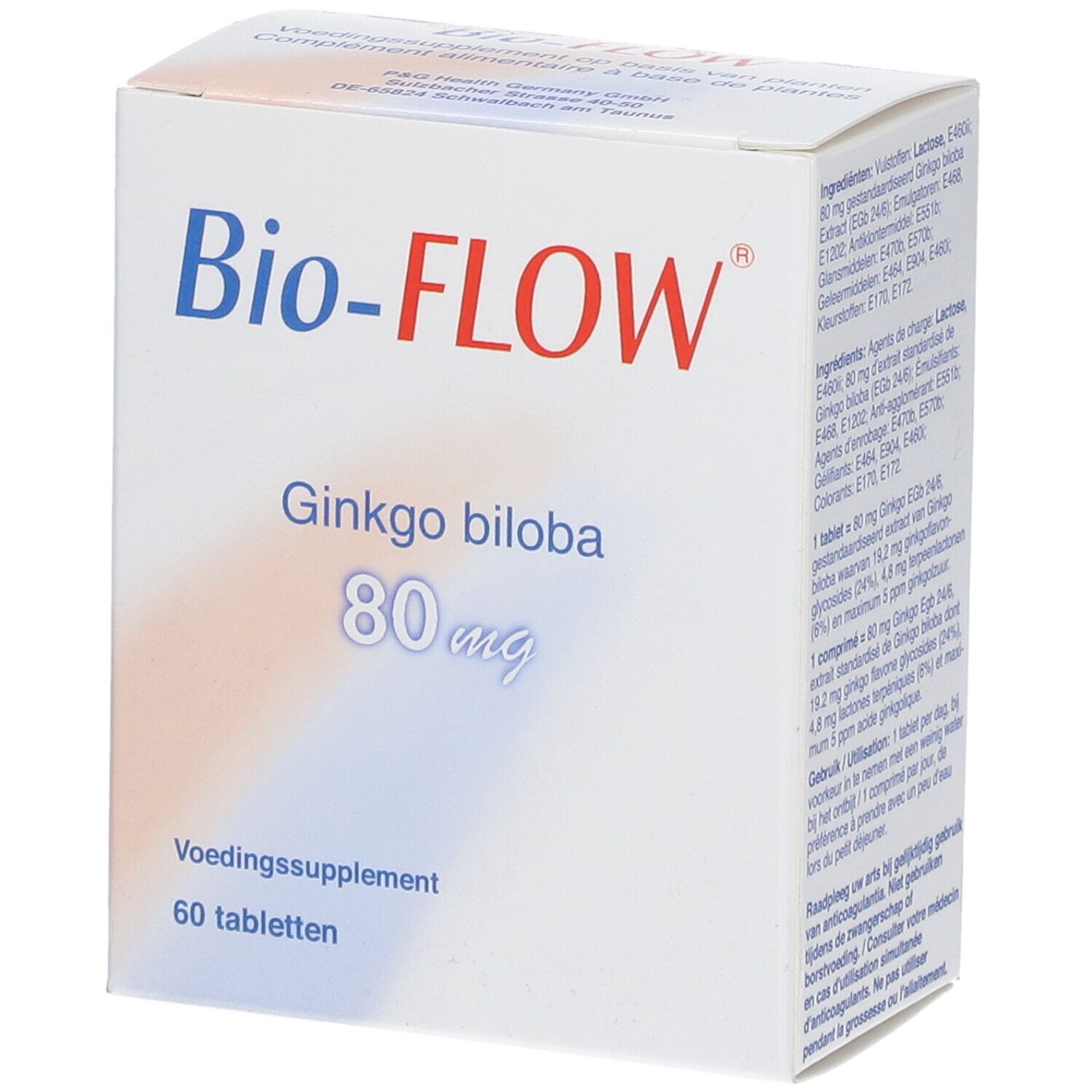 Witte doos met Bio-FLOW, Ginkgo biloba 80 mg. 60 tabletten. Voedingssupplement.