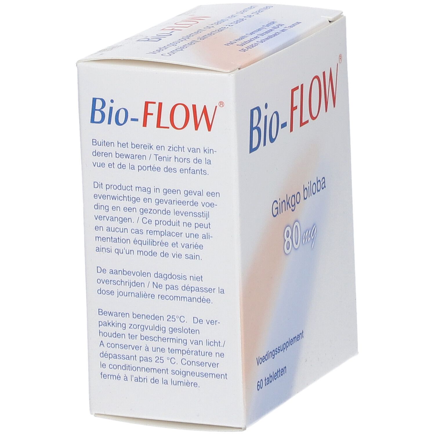 Witte doos Bio-FLOW, Ginkgo biloba 80 mg. 60 tabletten. Voedingssupplement. Schuin perspectief.