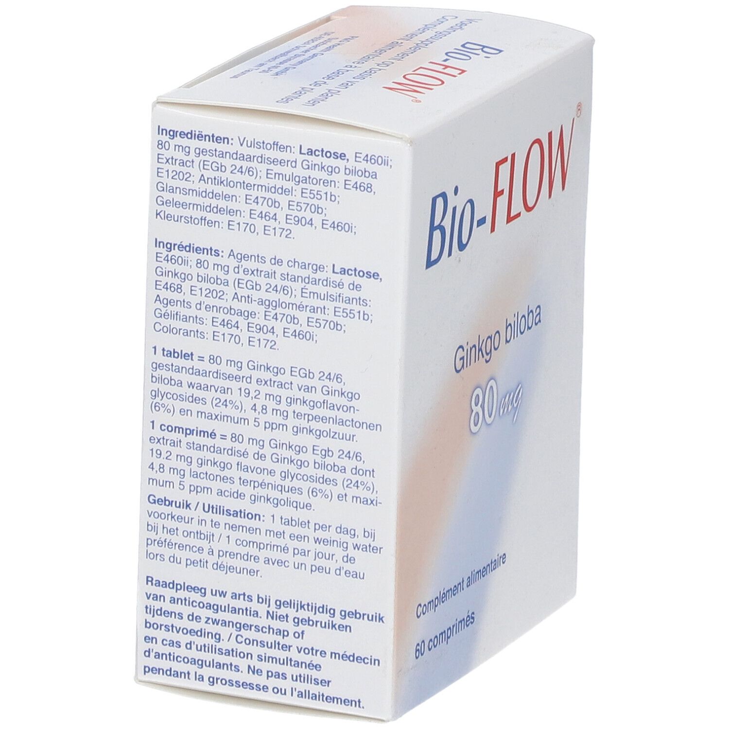 Witte doos Bio-FLOW, Ginkgo biloba 80 mg. 60 comprimés. Voedingssupplement. Detail.