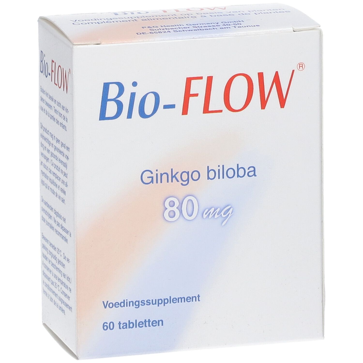 Witte doos met Bio-FLOW, Ginkgo biloba 80 mg. 60 tabletten. Voedingssupplement.