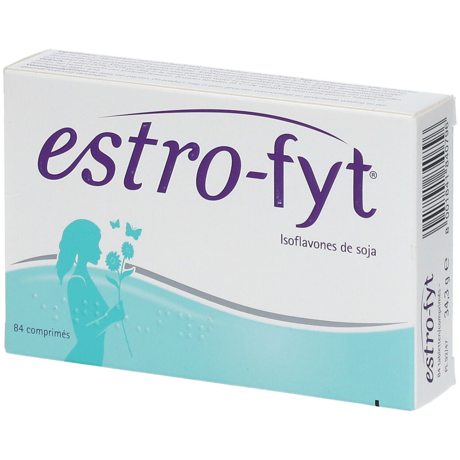 Doosje "estro-fyt" tabletten. Opschrift: Isoflavones de soja, 84 comprimés. Illustratie van een vrouw met bloemen.