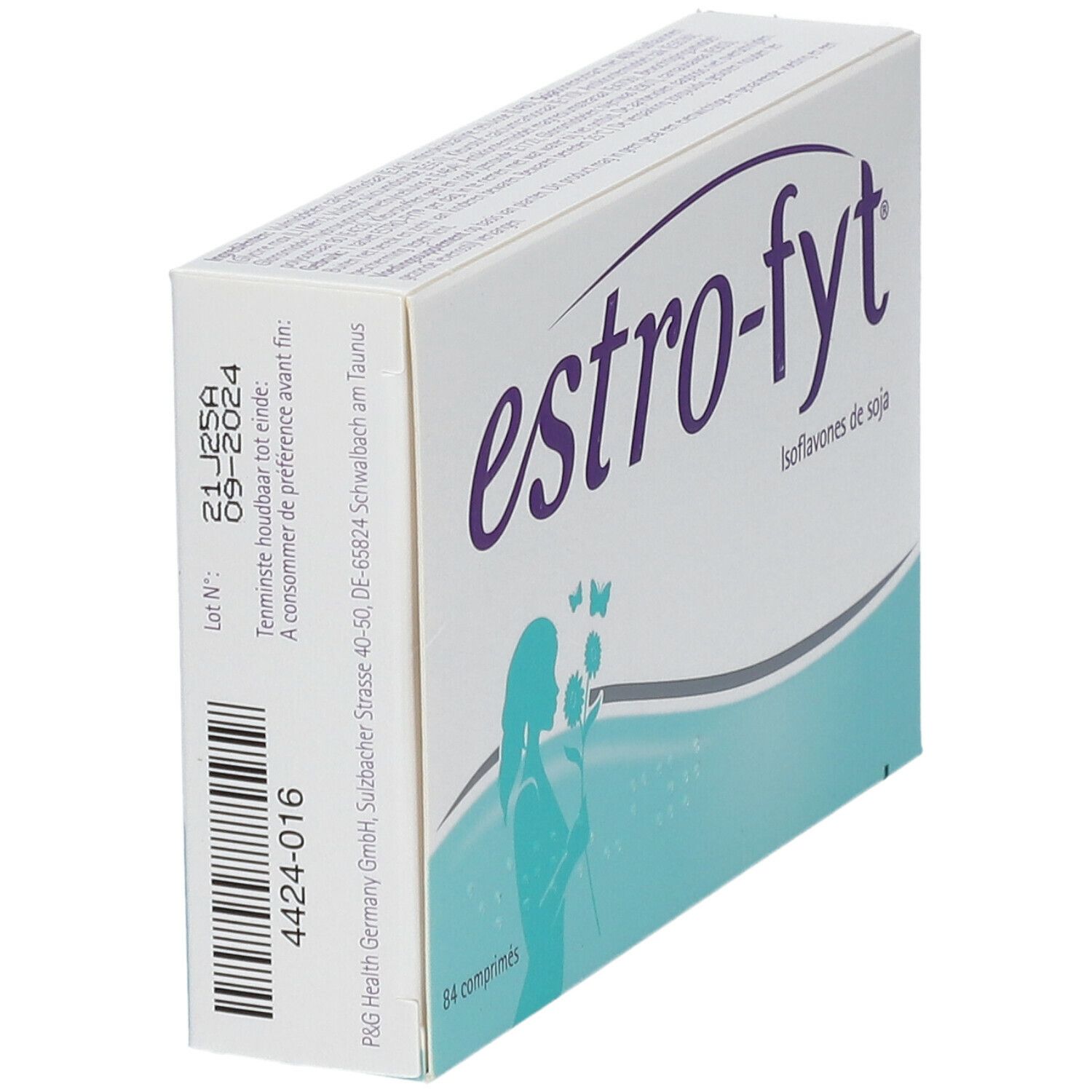 Doosje "estro-fyt" met opschrift: Isoflavones de soja. Streepjescode en houdbaarheidsdatum. Illustratie van een vrouw met bloemen.