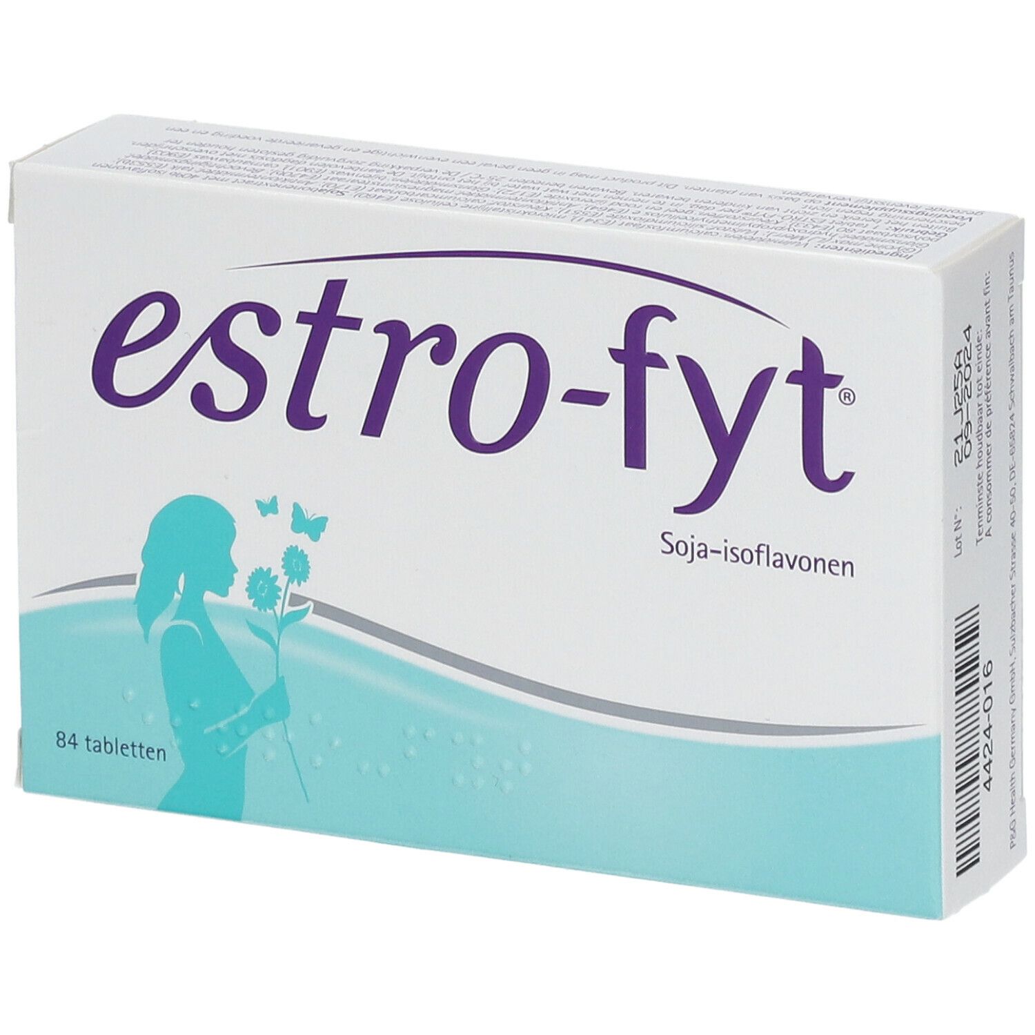 Doosje "estro-fyt" met opschrift: Soja-Isoflavone, 84 tabletten. Illustratie van een vrouw met bloemen. Wit en blauw.