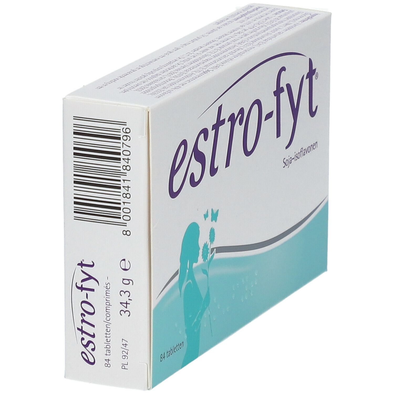 Doosje "estro-fyt" met opschrift: Soja-Isoflavone, 84 tabletten. Streepjescode. Illustratie van een vrouw met bloemen. Wit en blauw.