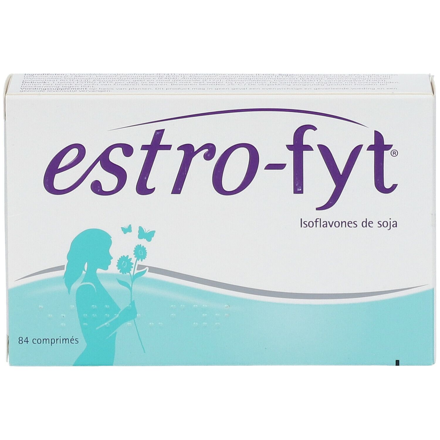 Doosje "estro-fyt" met opschrift: Isoflavones de soja, 84 tabletten. Illustratie van een vrouw met bloemen. Wit en blauw.