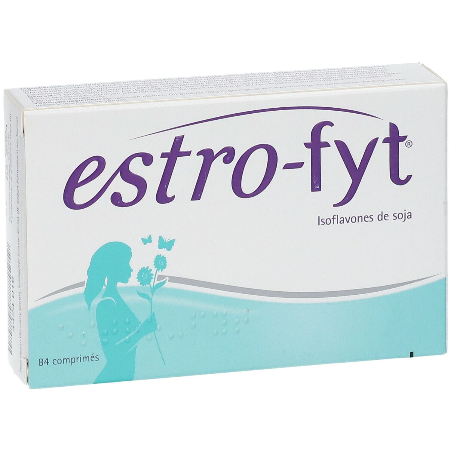 Doosje "estro-fyt" met opschrift: Isoflavones de soja, 84 tabletten. Illustratie van een vrouw met bloemen. Wit en blauw.