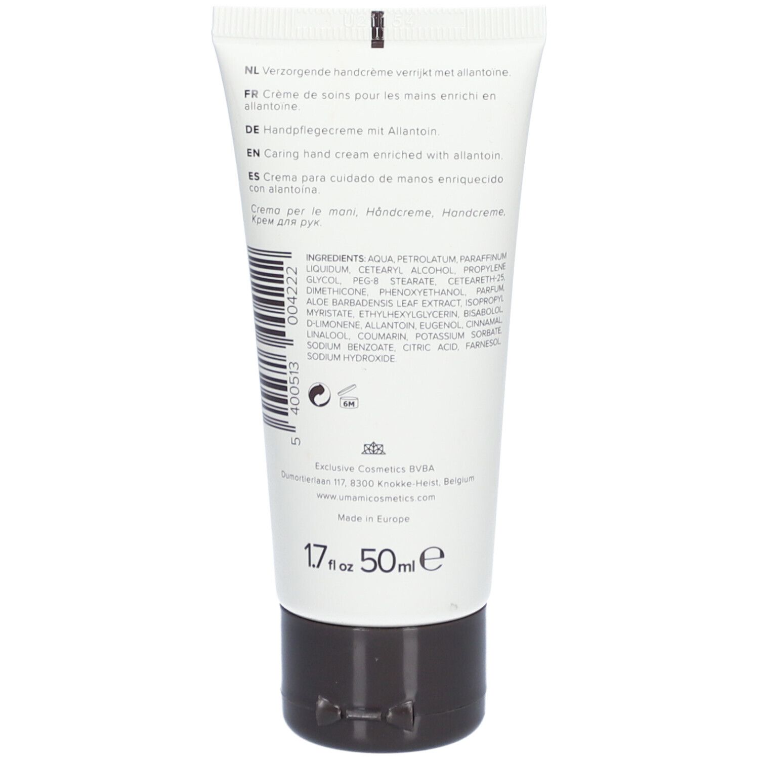Rückseite der Tube. Text: Inhaltsstoffe, Herstellerinformationen, 50ml, Qualitätssiegel.