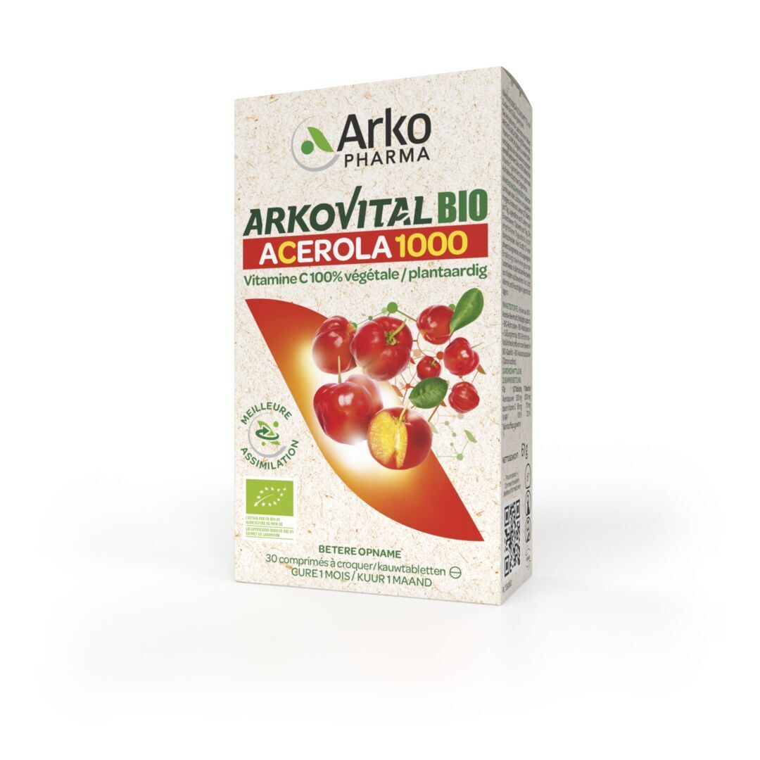 Verpakking Arkopharma Arkovital Acerola 1000. Productnaam, kersafbeelding en biologisch keurmerk.