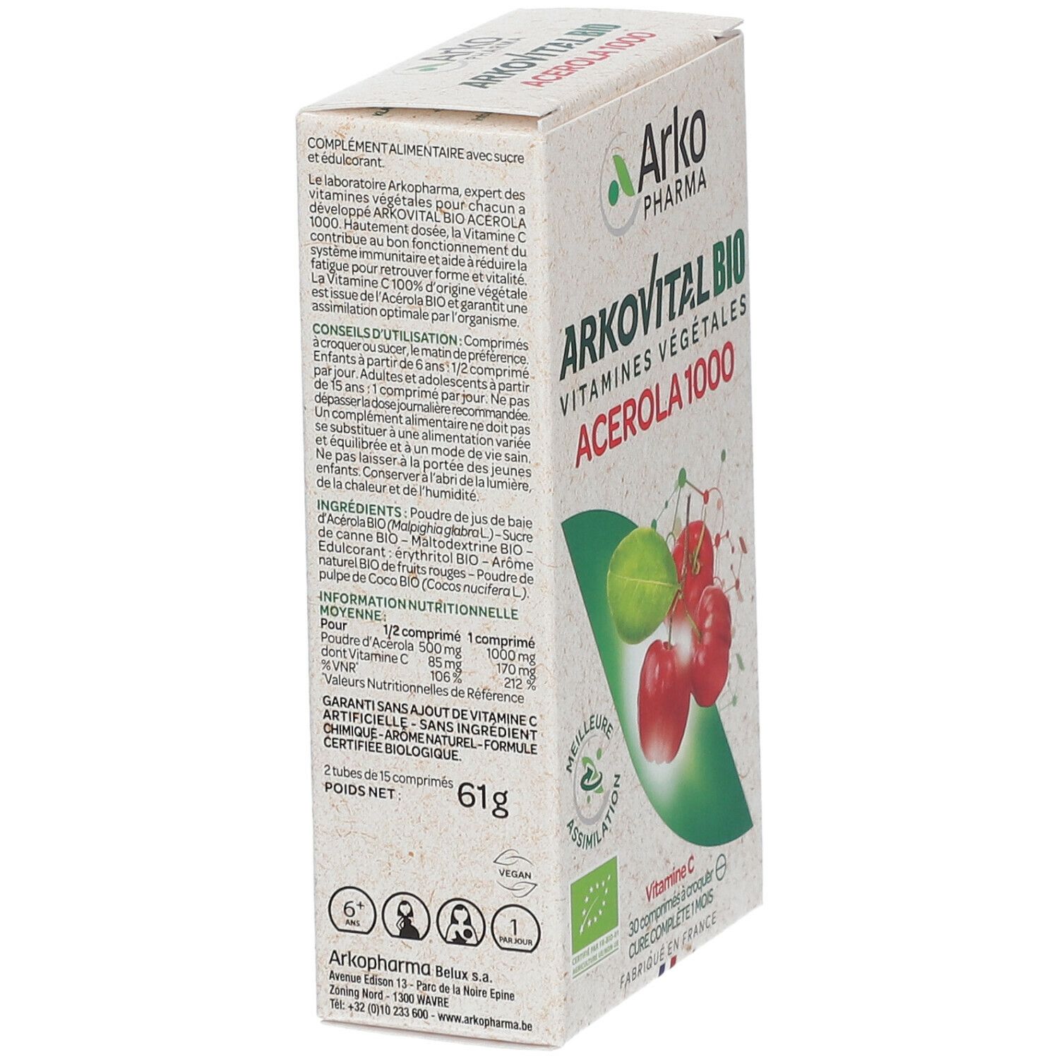 Zijaanzicht van de verpakking Arkopharma Arkovital Acerola 1000. Tekstinformatie, biologisch keurmerk en QR-code.
