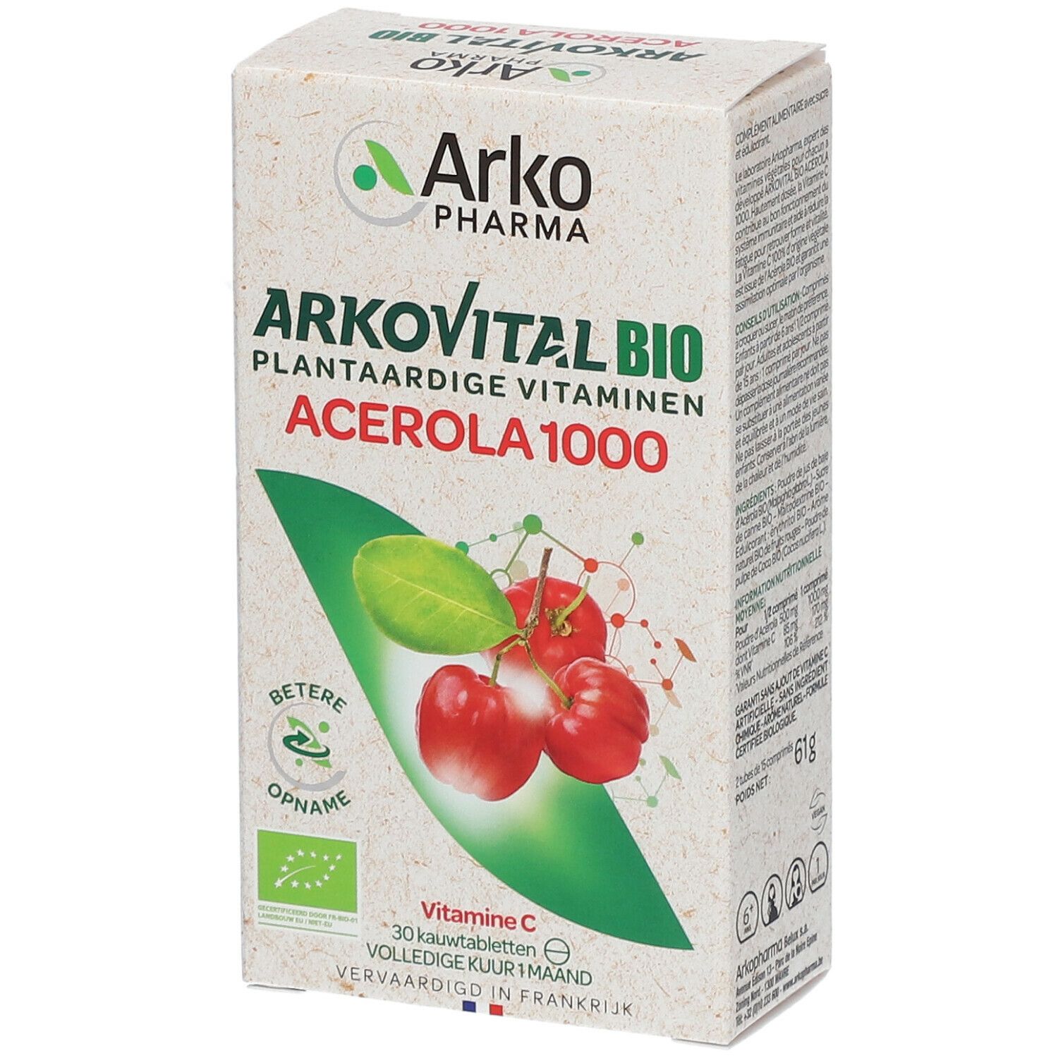 Doosje Arkopharma Arkovital Acerola 1000. Bedrukt met productnaam, kersafbeelding en biologisch keurmerk.