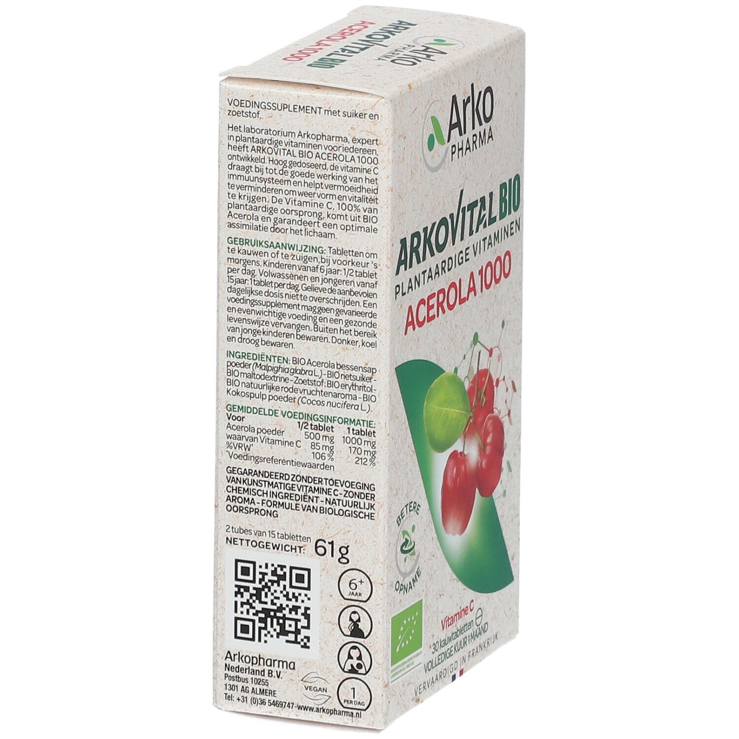 Zijaanzicht van de verpakking Arkopharma Arkovital Acerola 1000. Tekstinformatie, biologisch keurmerk en QR-code.