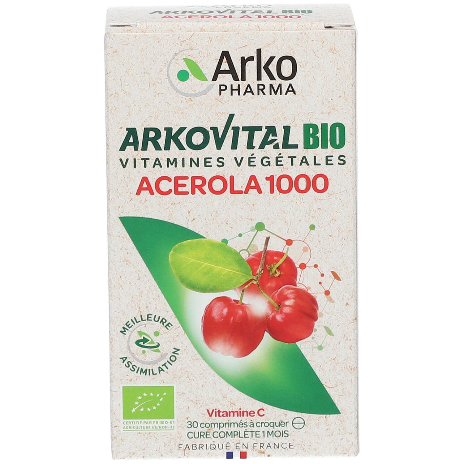 Doosje Arkopharma Arkovital Acerola 1000. Bedrukt met productnaam, kersafbeelding en biologisch keurmerk.